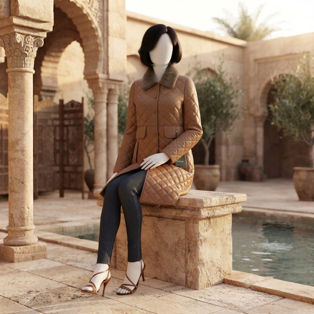 Seated pose of the brown quilted puffer jacket with faux fur collar, showcasing the versatile design and elegant aesthetic.