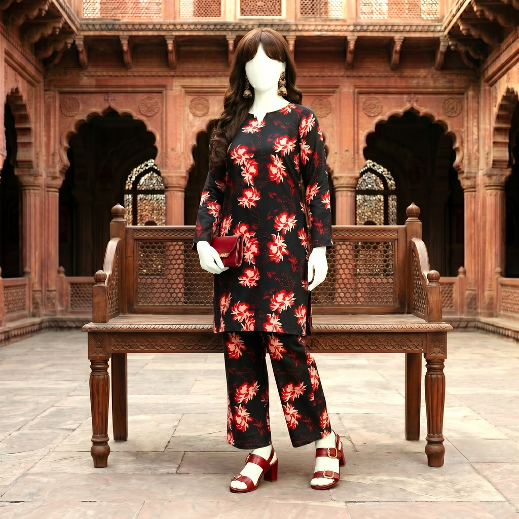 "A mannequin wearing a dark-based floral print 2-piece cotton silk unstitched suit, available at ZH2 Store."