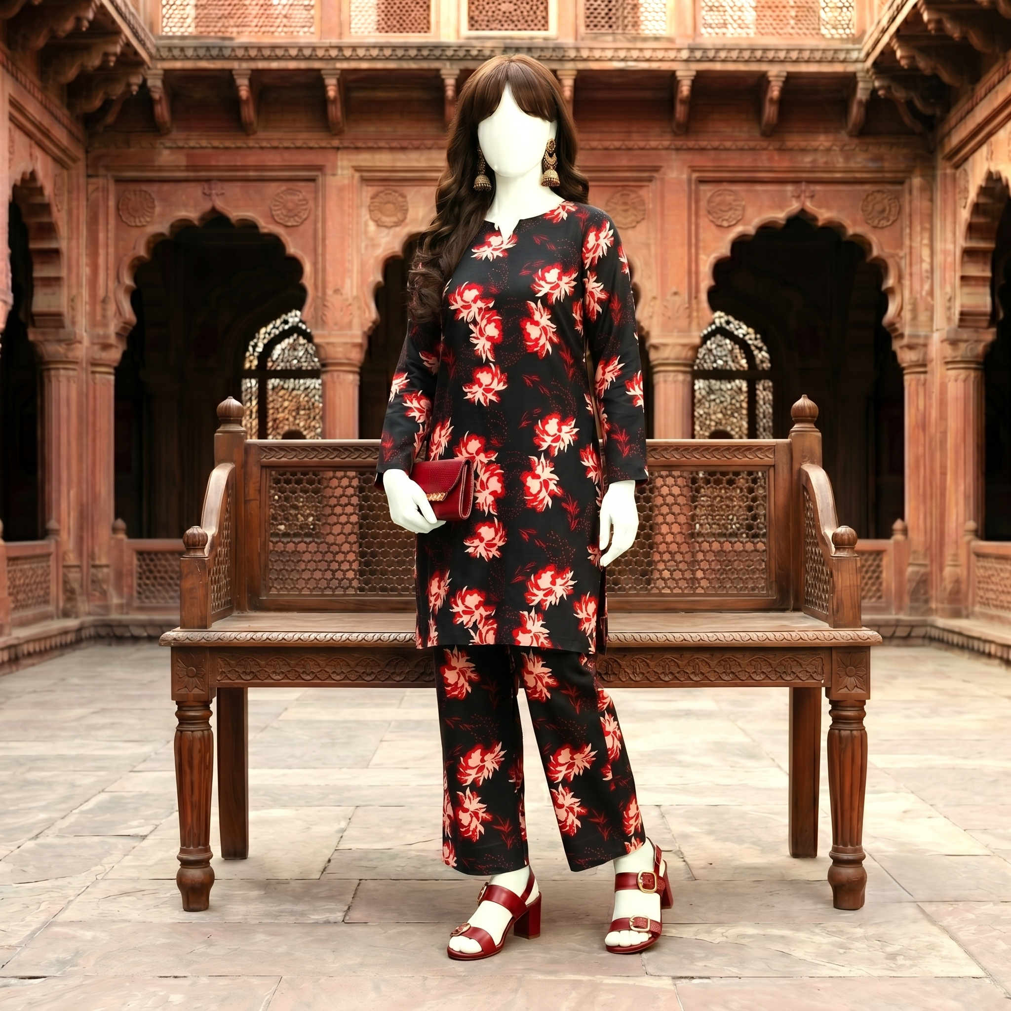 "A mannequin wearing a dark-based floral print 2-piece cotton silk unstitched suit, available at ZH2 Store."