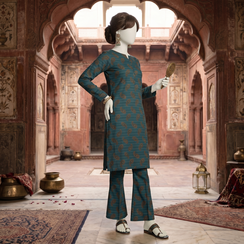 "Mannequin wearing a premium 2-piece unstitched cotton silk suit with  paisley print - ZH2 Store."