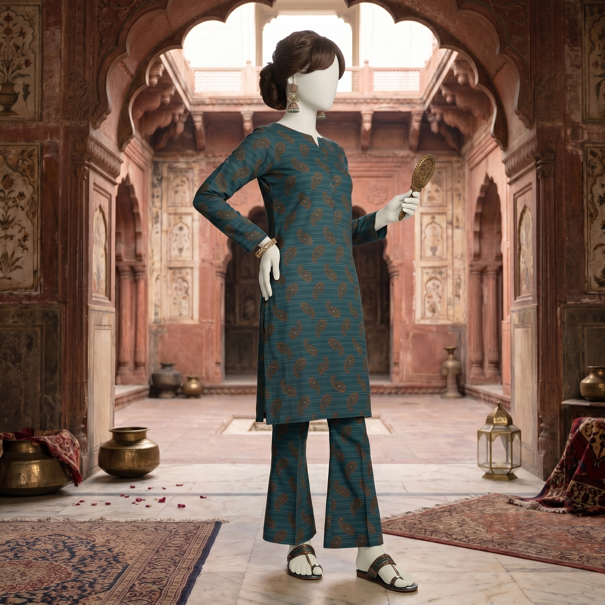 "Mannequin wearing a premium 2-piece unstitched cotton silk suit with  paisley print - ZH2 Store."