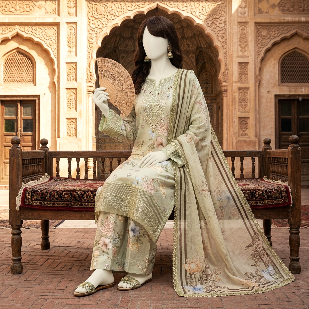 Full view of the floral printed breathable cotton 3-piece unstitched suit styled with a fan, displayed in a traditional outdoor setting.