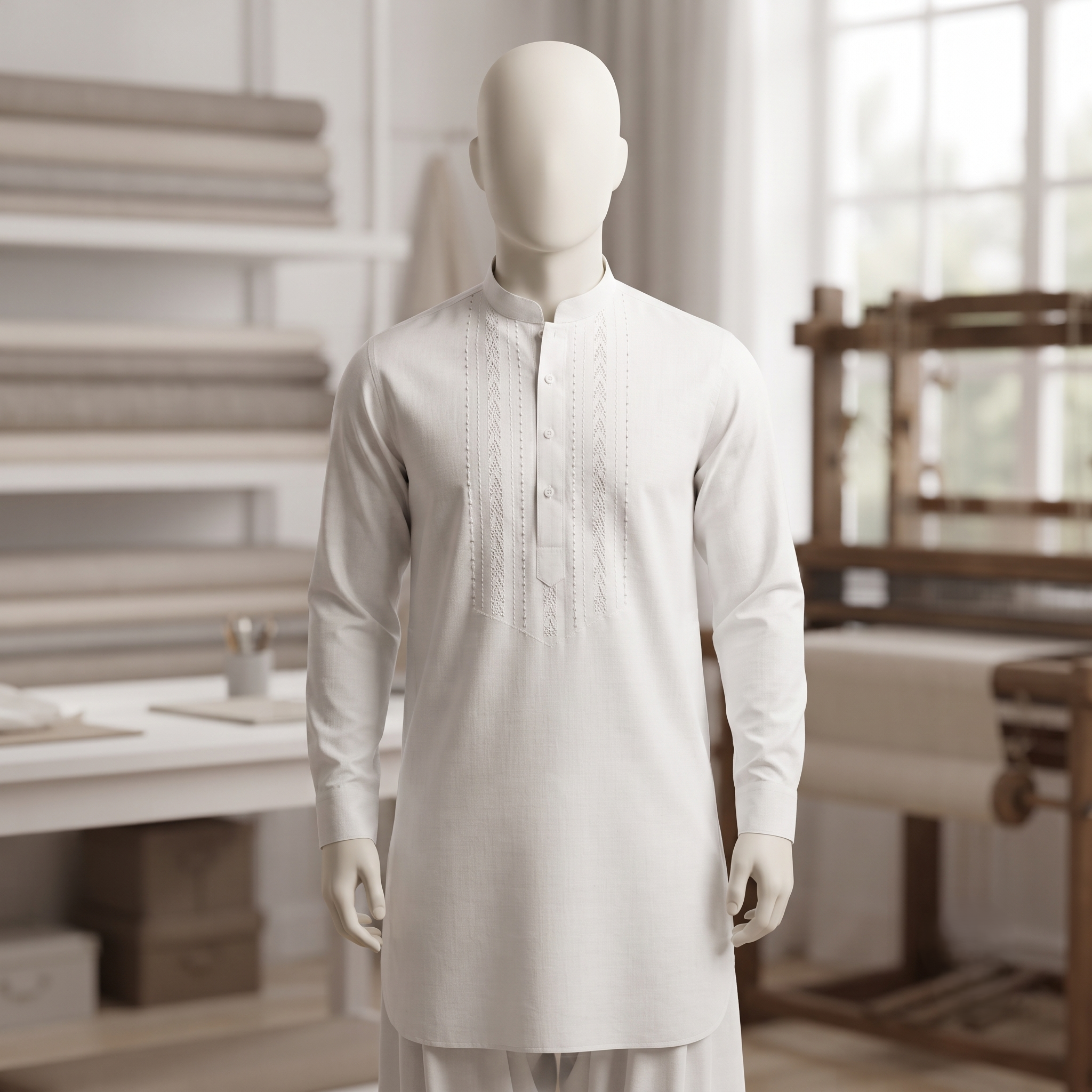 Front view of the premium off-white men's kurta with an embroidered collar placket from ZH2 Store.