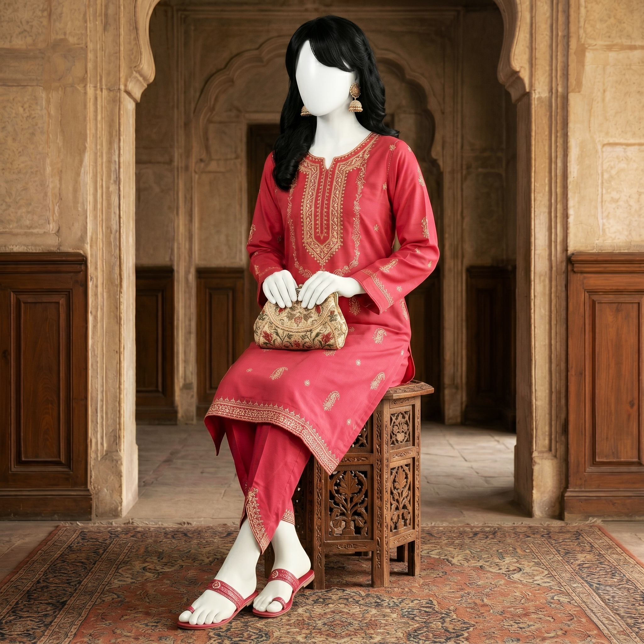 Premium 2-piece printed unstitched lawn suit collection by ZH2 Store, featuring a 2.2-meter shirt and 2.2-meter trouser fabric with intricate floral and ethnic designs displayed on a mannequin.