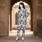 Side profile of premium breathable 4.3 meters unstitched shirt and trouser fabric in blue floral print - zh2 store
