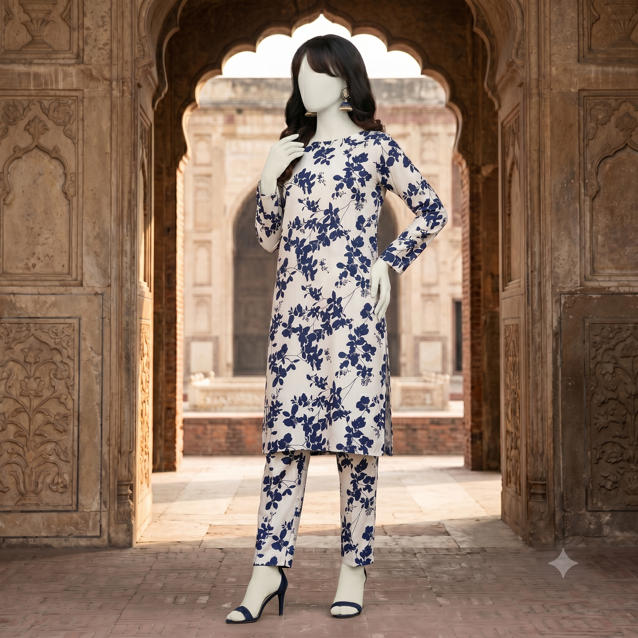 Side profile of premium breathable 4.3 meters unstitched shirt and trouser fabric in blue floral print - zh2 store