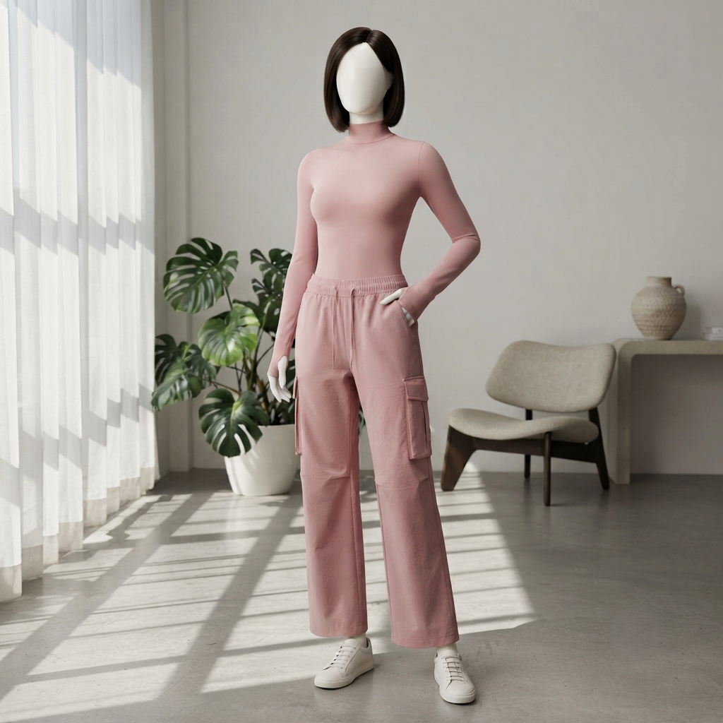 Model wearing aesthetic cargo pants with side pockets, studio setting.