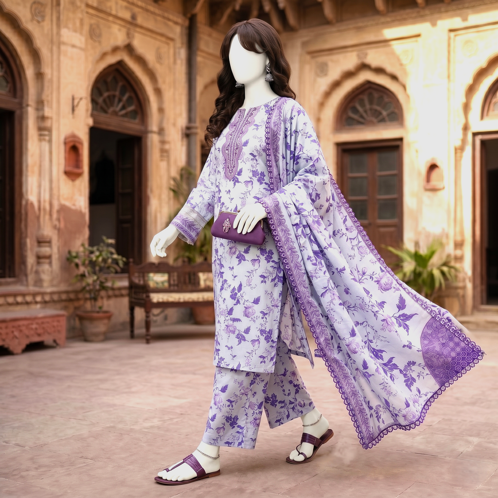 Premium 3-piece printed unstitched lawn suit collection by ZH2 Store, featuring an elegant floral and ethnic-inspired design with a 3.3-meter shirt, 2.2-meter dupatta, and 2.2-meter trouser fabric displayed on a mannequin.