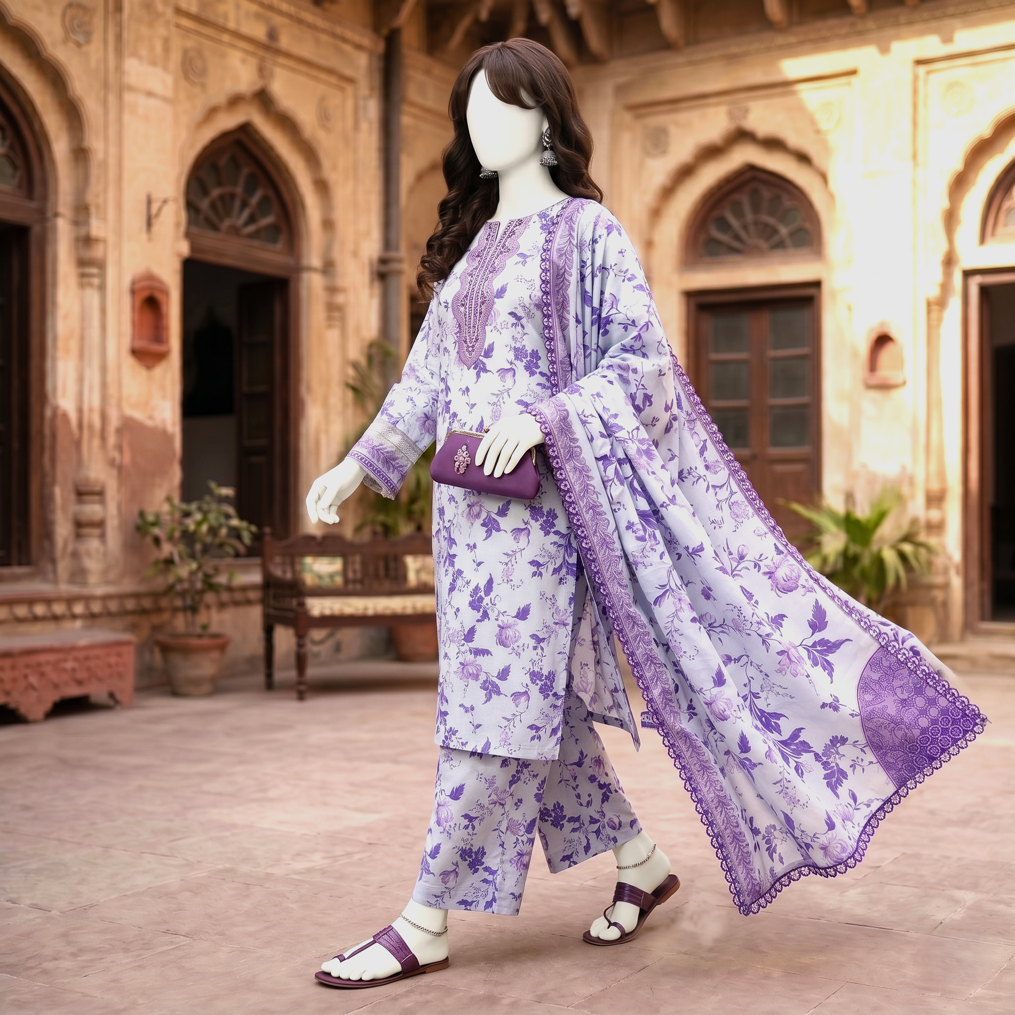 Premium 3-piece printed unstitched lawn suit collection by ZH2 Store, featuring an elegant floral and ethnic-inspired design with a 3.3-meter shirt, 2.2-meter dupatta, and 2.2-meter trouser fabric displayed on a mannequin.