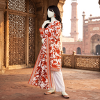 Mannequin showcasing the side view of an elegant 3-piece orange and white printed lawn unstitched suit.