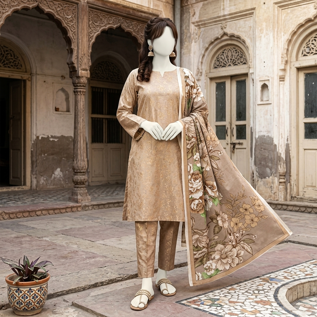 Warm bronze-beige base with detailed self-print