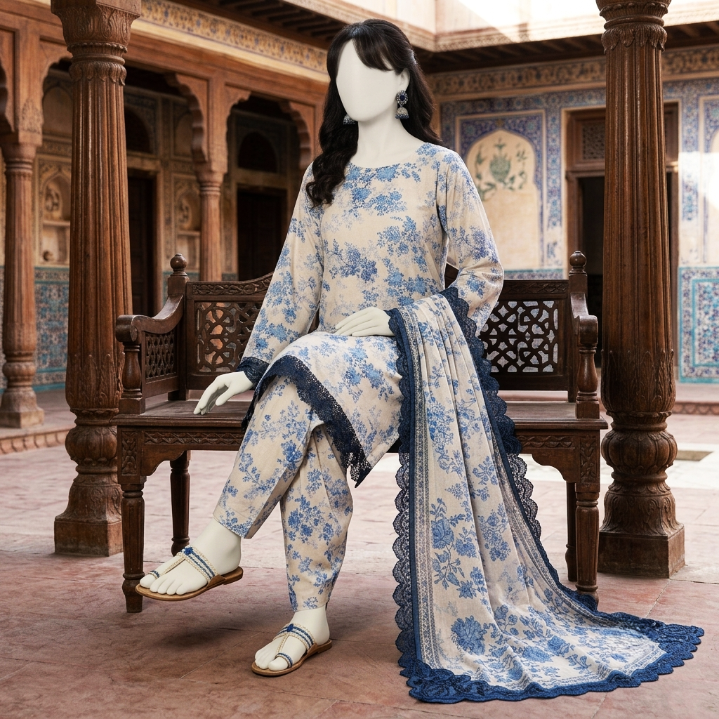 A mannequin seated on a wooden bench, showcasing the full ensemble of the blue floral printed lawn suit.