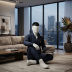 A relaxed, seated pose highlighting the premium comfort of the navy tracksuit set by ZH2 Store.
