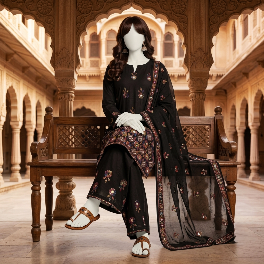 Elegant 3-piece unstitched lawn suit with colorful intricate embroidery on the shirt and trousers, paired with a matching embroidered dupatta, displayed on a mannequin.