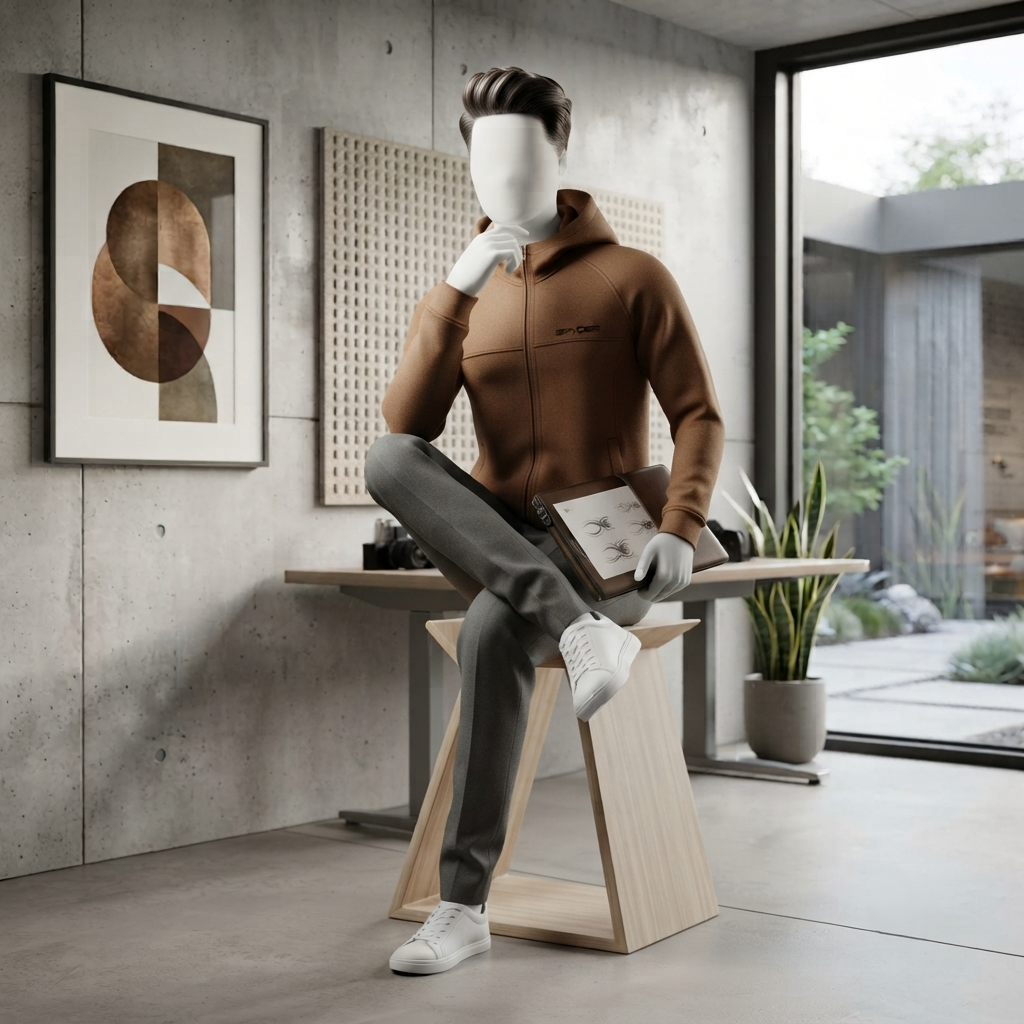 A professional seated pose highlighting the versatility and comfort of the brown hoodie at ZH2 Store.