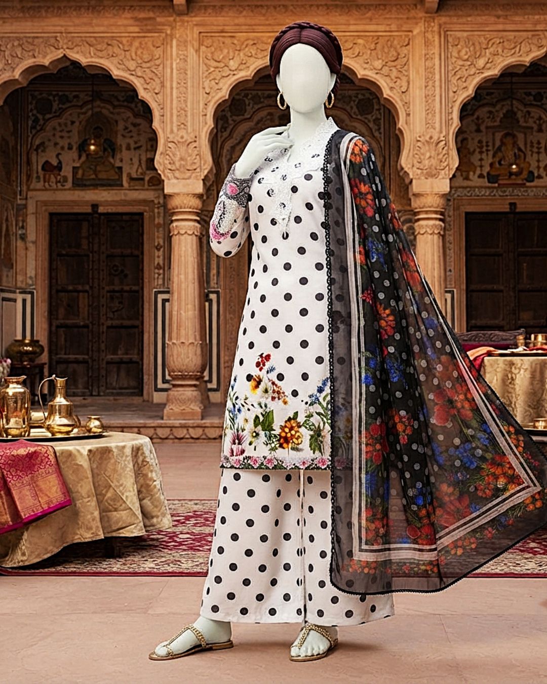 Designer 3-piece printed lawn suit with black and white polka dots and floral borders