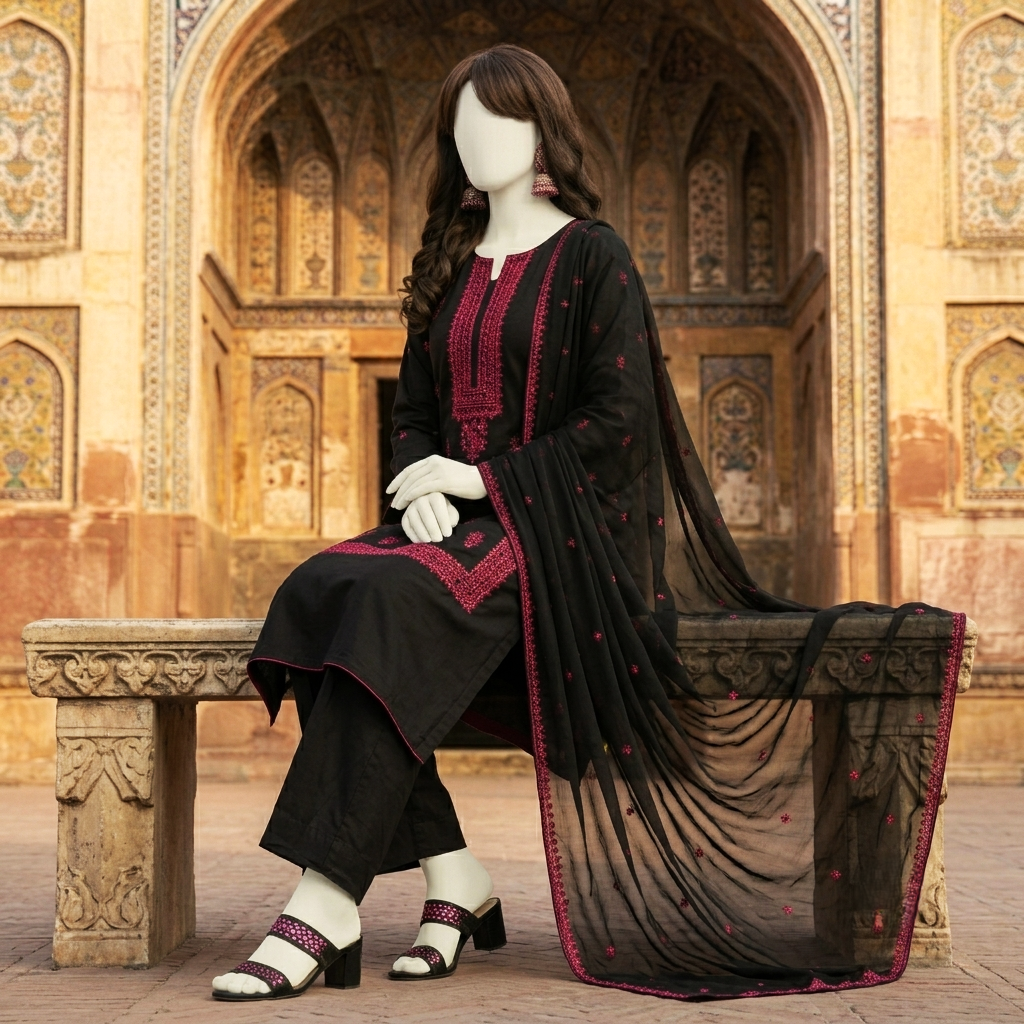 Black 3-piece unstitched lawn suit featuring vibrant fuchsia embroidery on the shirt and matching dupatta, displayed on a mannequin.