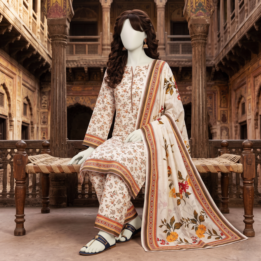 Detailed shot of a sophisticated light-colored floral 3-piece unstitched lawn suit on a mannequin, emphasizing the high-quality fabric and elegant print from ZH2 Store.
