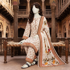 Detailed shot of a sophisticated light-colored floral 3-piece unstitched lawn suit on a mannequin, emphasizing the high-quality fabric and elegant print from ZH2 Store.