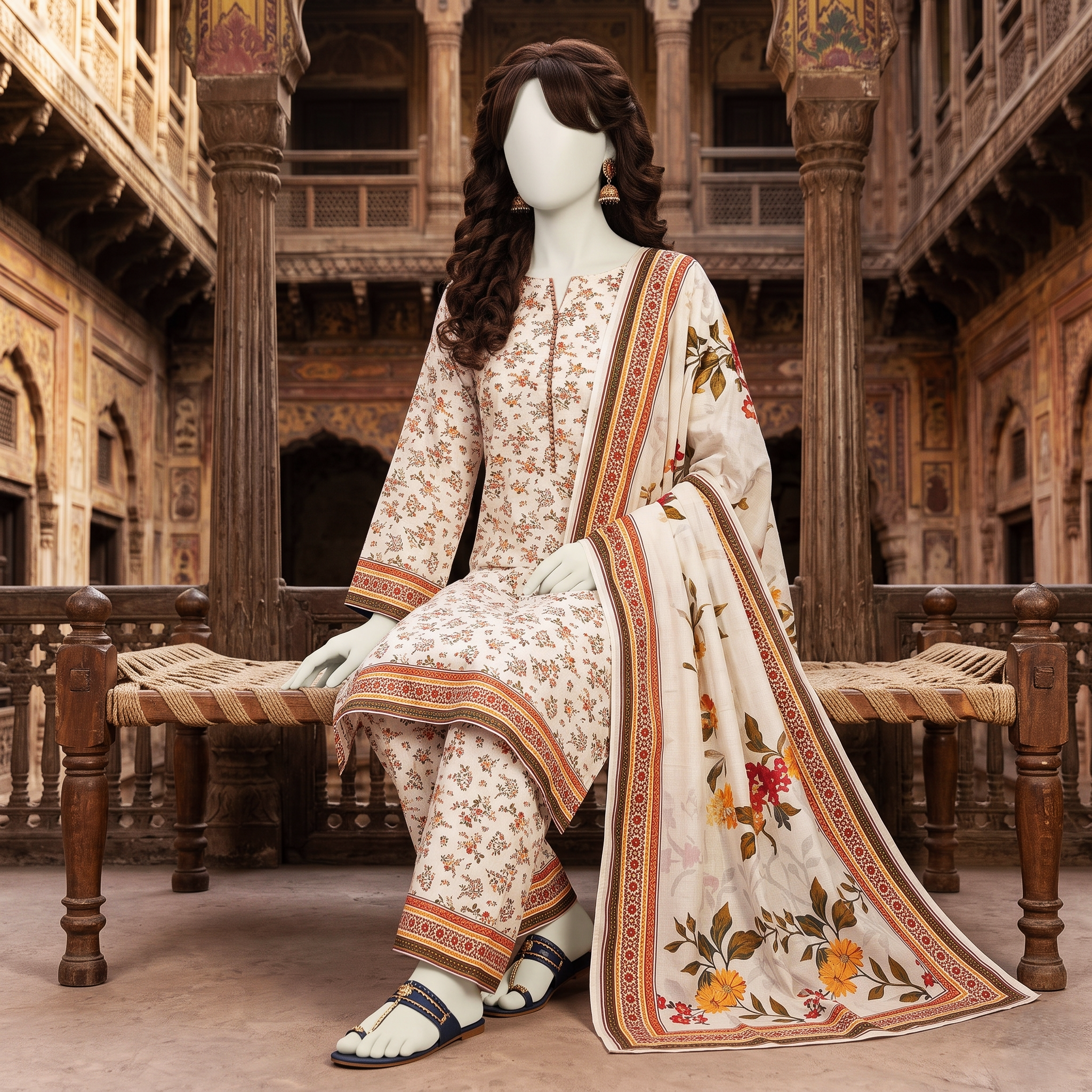 Detailed shot of a sophisticated light-colored floral 3-piece unstitched lawn suit on a mannequin, emphasizing the high-quality fabric and elegant print from ZH2 Store.