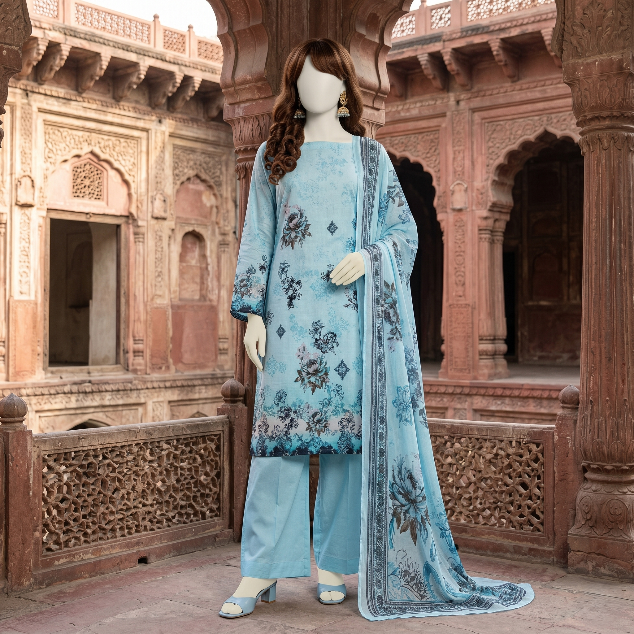 ZH2 Store 3-piece unstitched printed lawn suit with floral patterns on a mannequin.