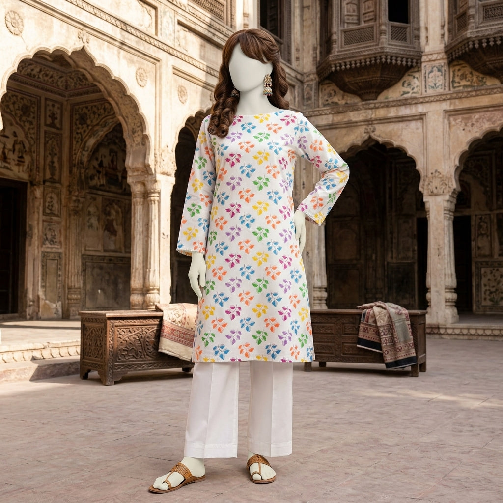 Mannequin showcasing a light-toned, multi-colored leaf print 2-piece unstitched lawn suit from ZH2 Store.