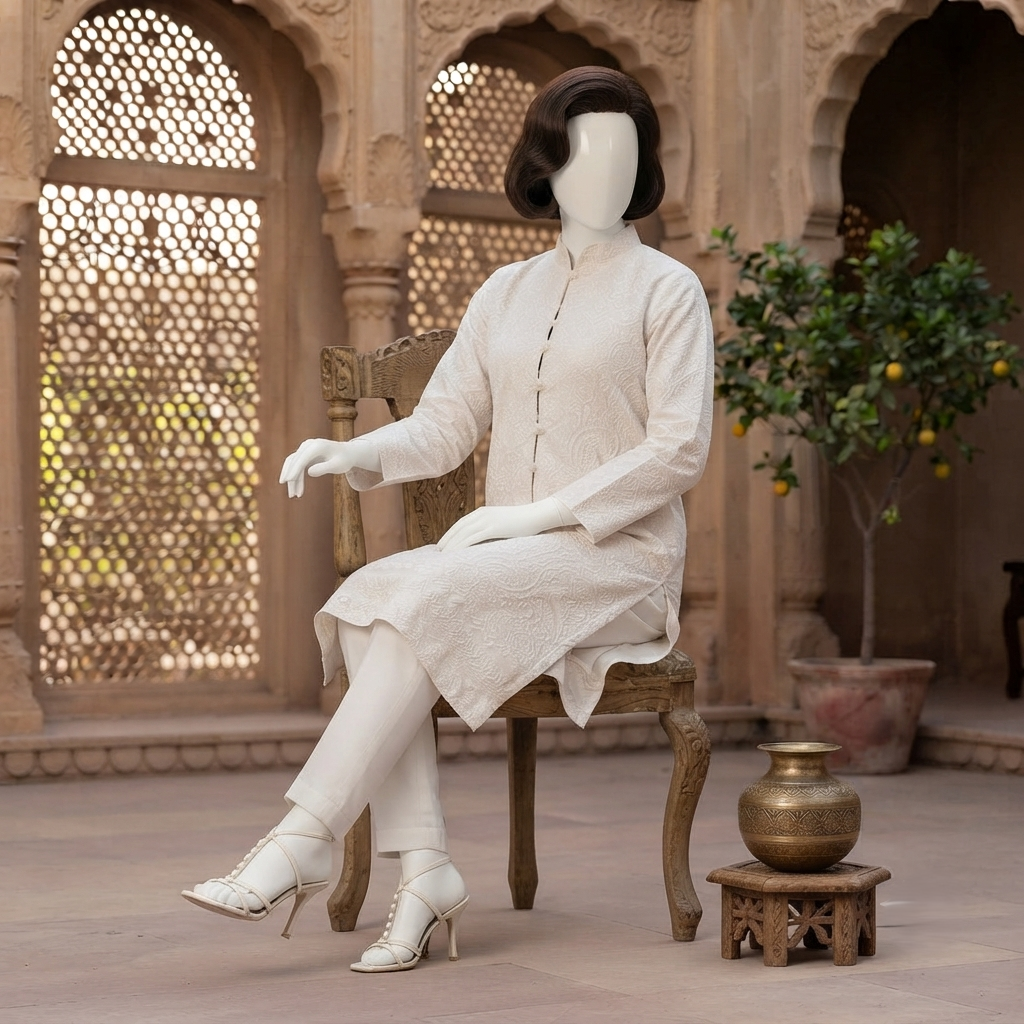 Mannequin seated wearing the ZH2 Store ivory embroidered long coat, highlighting the intricate fabric design and elegant cut.