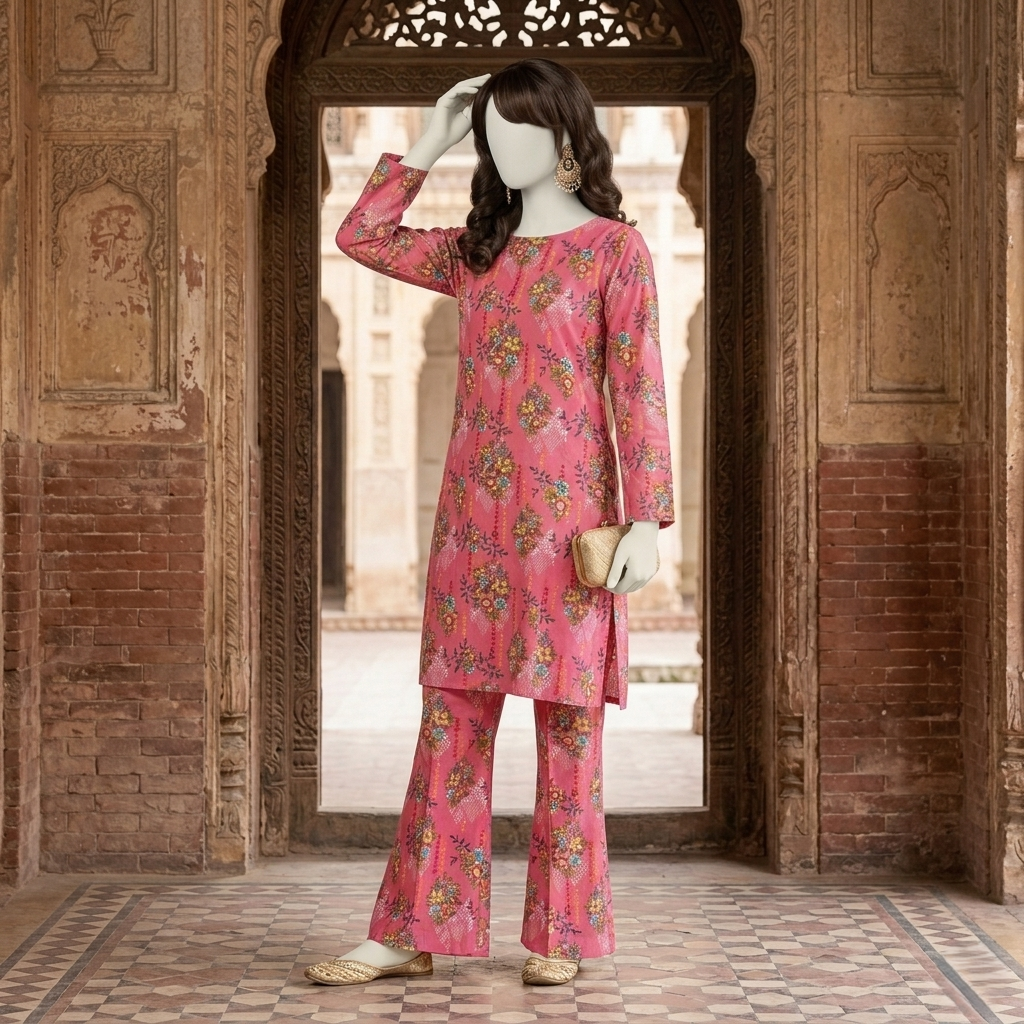 "Woman wearing premium cotton-silk unstitched 2-piece suit in Vintage yellow print from ZH2 Store"