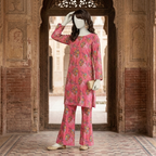 "Woman wearing premium cotton-silk unstitched 2-piece suit in Vintage yellow print from ZH2 Store"