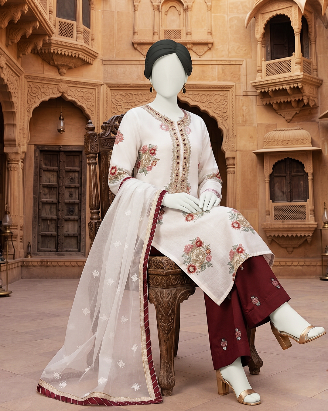 3-piece unstitched embroidered lawn suit with a matching trouser and dupatta displayed on a mannequin.