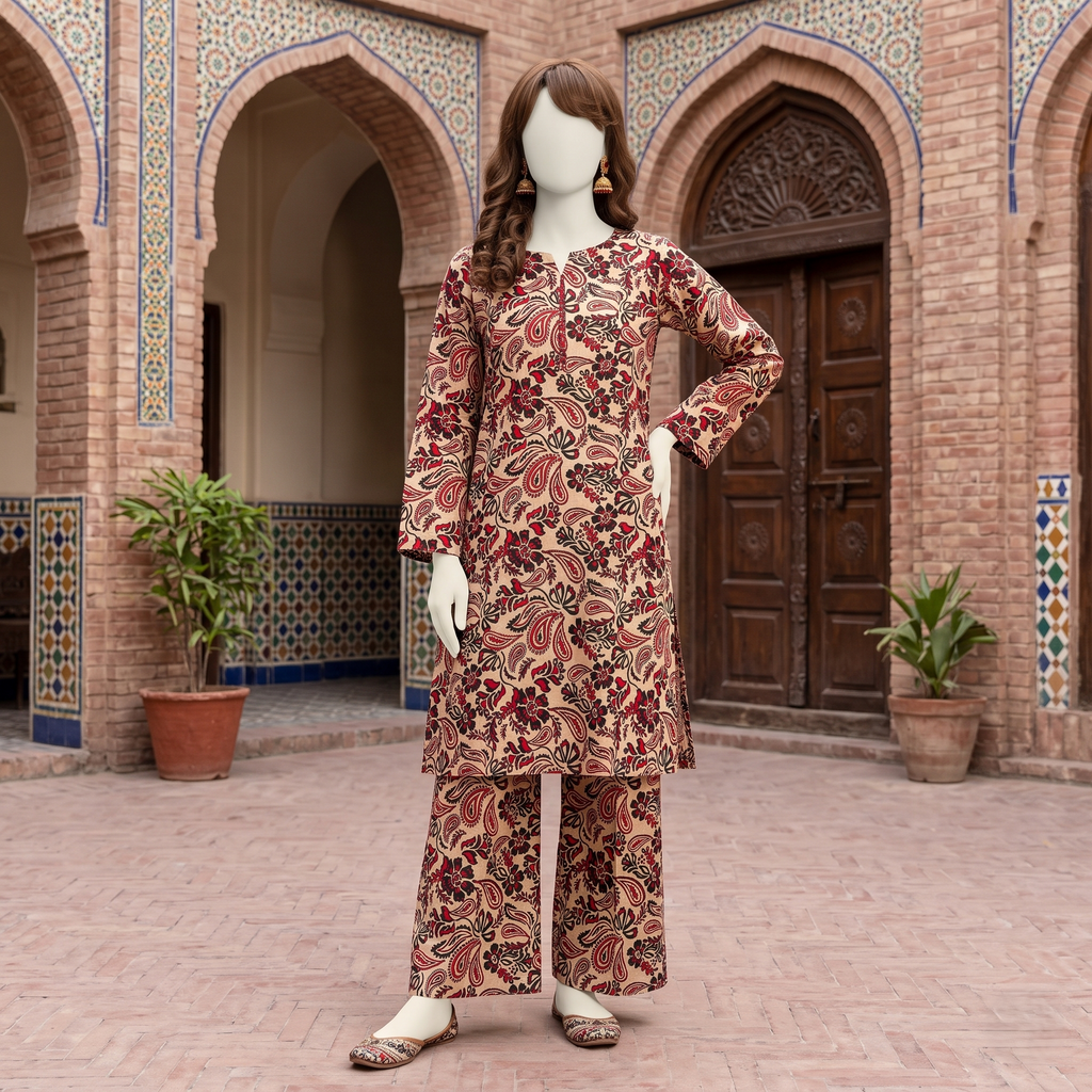 Front view of a mannequin in a vibrant red and black floral-paisley printed 3-piece unstitched lawn suit at ZH2 Store.