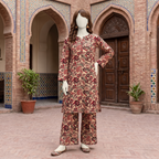 Front view of a mannequin in a vibrant red and black floral-paisley printed 3-piece unstitched lawn suit at ZH2 Store.