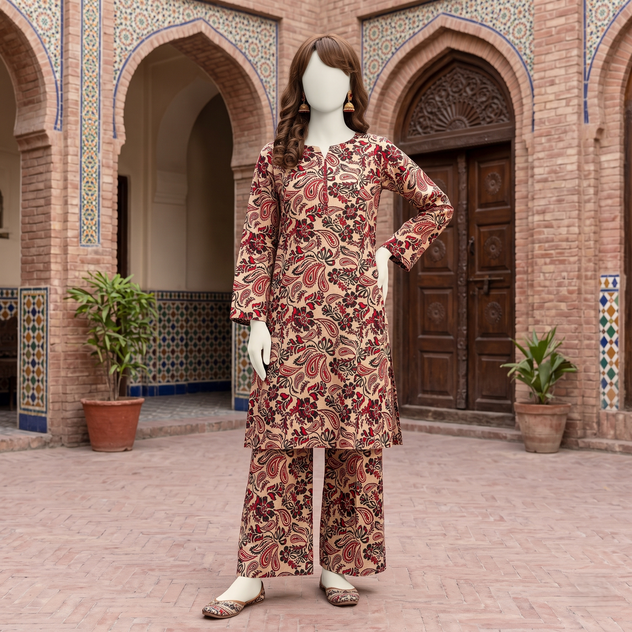 Front view of a mannequin in a vibrant red and black floral-paisley printed 3-piece unstitched lawn suit at ZH2 Store.