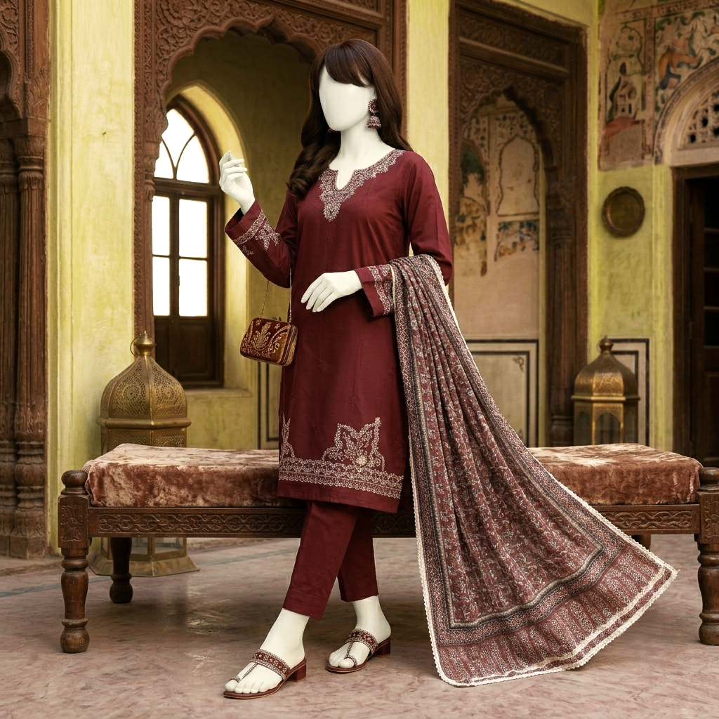 Premium 3-piece printed unstitched lawn suit collection by ZH2 Store, featuring a 2.9-meter printed shirt, 2.3-meter dupatta, and 2.3-meter trouser fabric with intricate floral and ethnic designs on a mannequin.