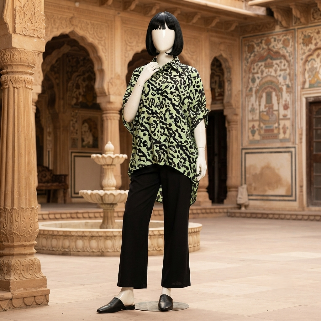 Vibrant green and black patterned baggy shirt, displayed on a mannequin in a classic outdoor setting.