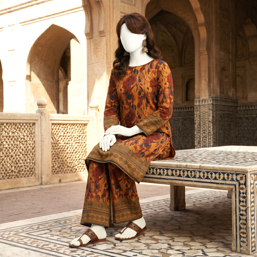 Full-length front standing view of the red and white printed 2-piece unstitched cotton lawn suit from ZH2 Store, styled with a small side table.