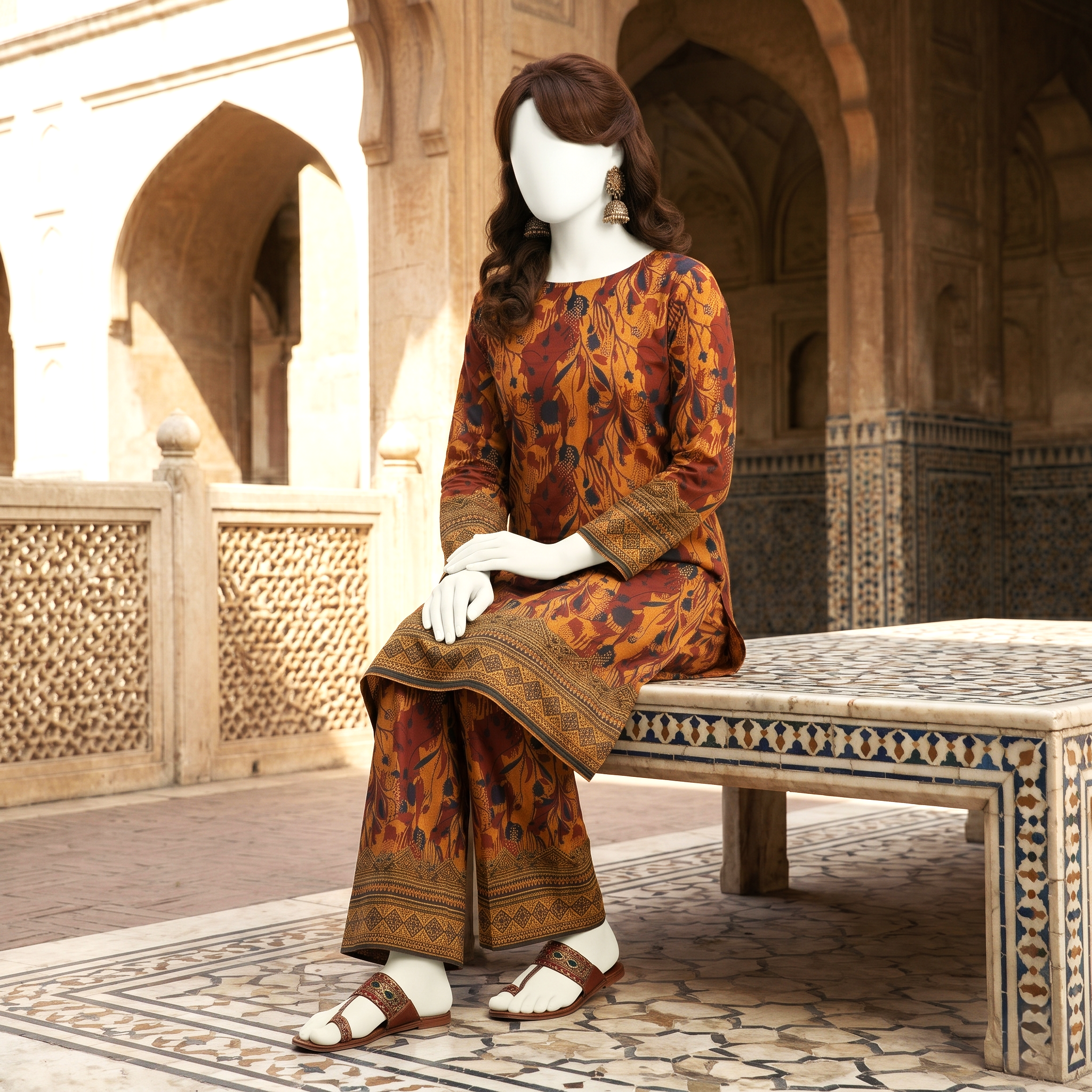 Full-length front standing view of the red and white printed 2-piece unstitched cotton lawn suit from ZH2 Store, styled with a small side table.