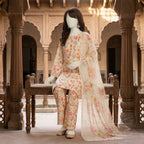 A mannequin seated, highlighting the drape of the floral printed dupatta and matching ensemble.