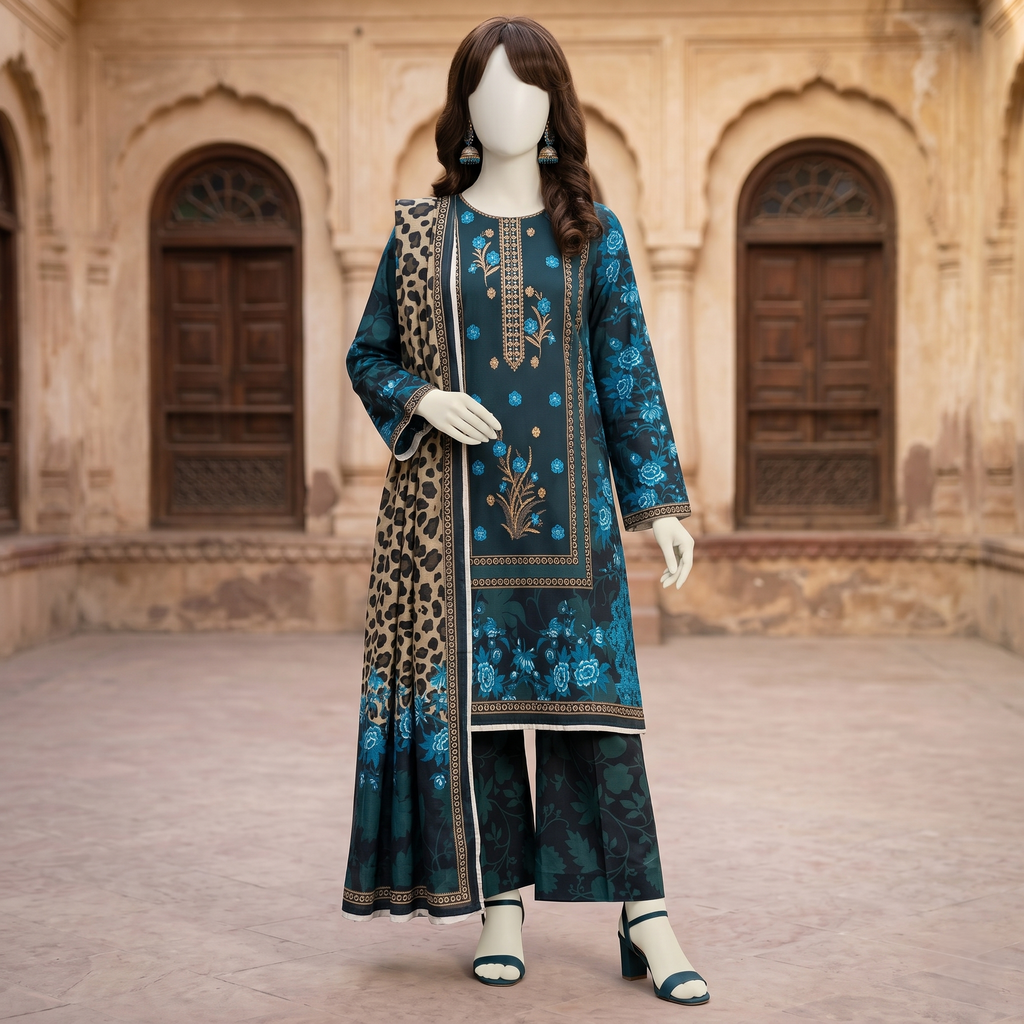 Premium 3-piece printed unstitched lawn suit collection by ZH2 Store, featuring a 2.7-meter shirt, 2.2-meter dupatta, and 2.2-meter trouser fabric with intricate floral and ethnic designs displayed on a mannequin.