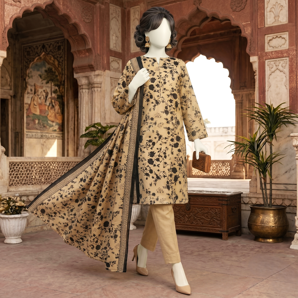 "Elegant 3-piece beige and black floral printed lawn suit displayed on a mannequin holding a small wooden clutch, Zh2 Store"