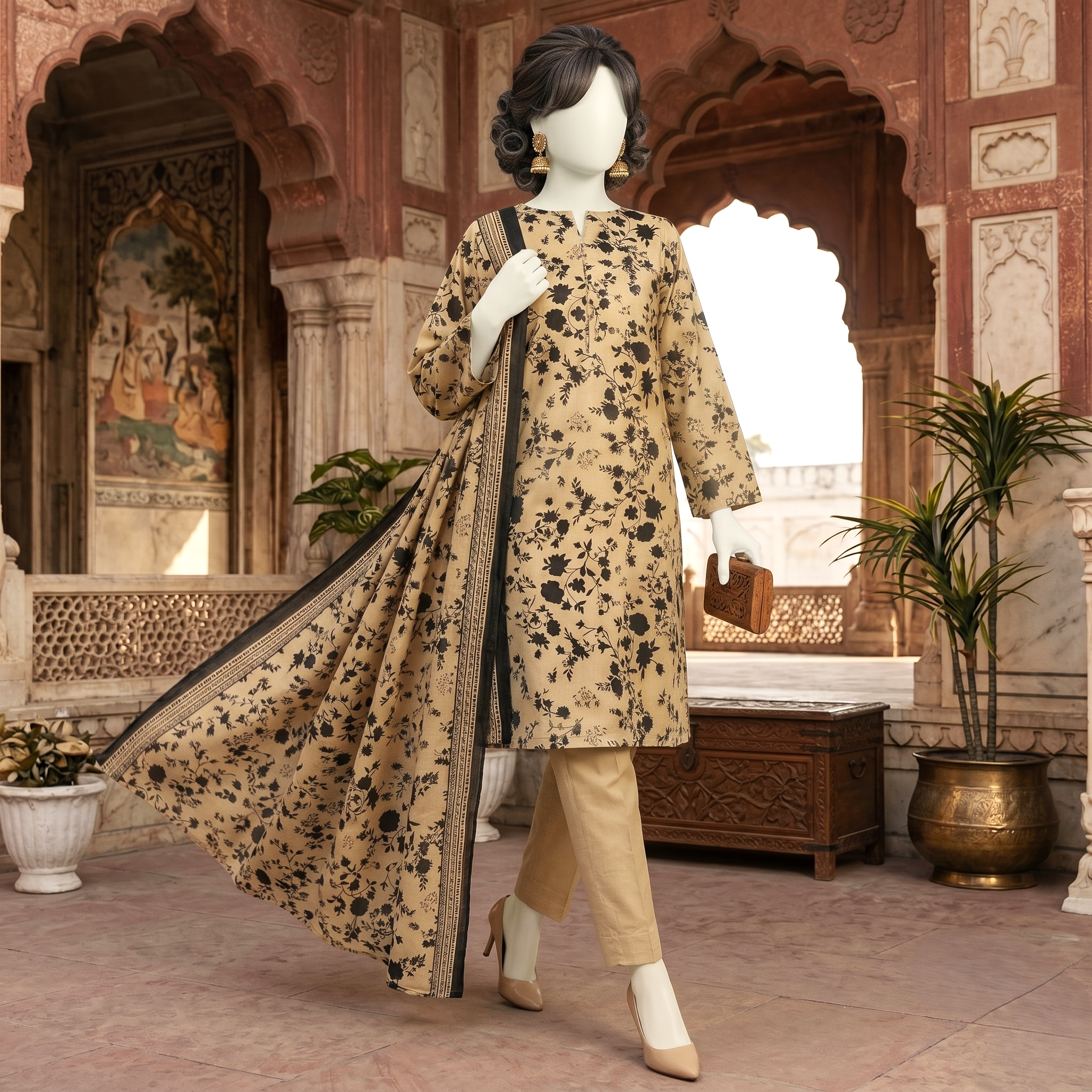 "Elegant 3-piece beige and black floral printed lawn suit displayed on a mannequin holding a small wooden clutch, Zh2 Store"