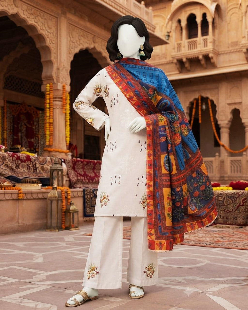 ZH2|Ivory & Multi-Colored 3-Piece Embroidered Lawn Suit |(LEU-5106)
