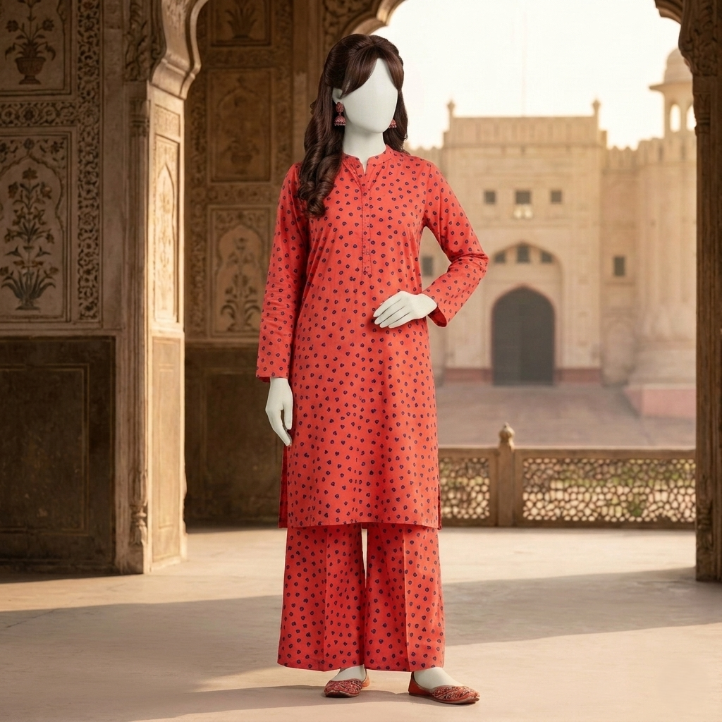 "Woman wearing a premium cotton-silk unstitched 2-piece suit with serene botanical printed work from ZH2 Store."