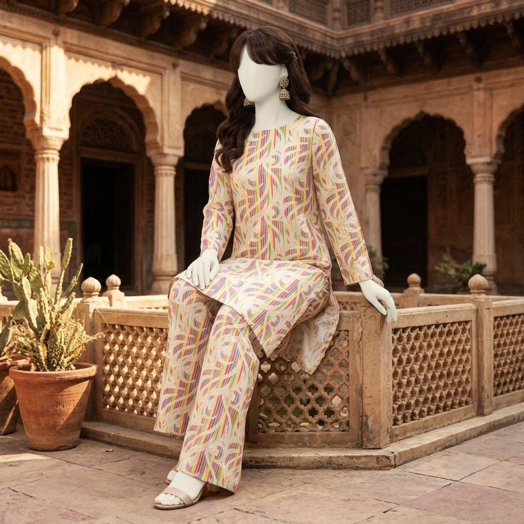 A mannequin wearing a  3-piece unstitched lawn suit.