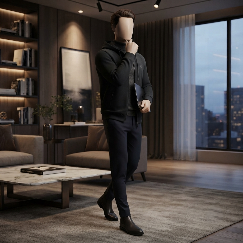 A professional standing view highlighting the versatility of the black hoodie at ZH2 Store.