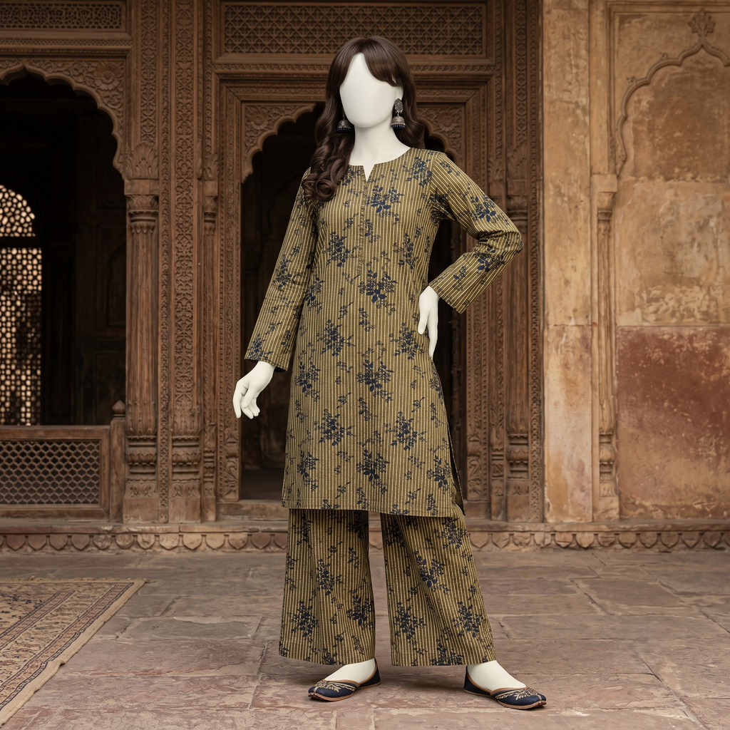 "view of an unstitched olive green floral cotton 2-piece suit - ZH2 Store"