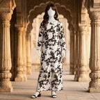 Premium 2-piece unstitched cotton silk suit featuring bold black floral print on cream base - zh2 store
