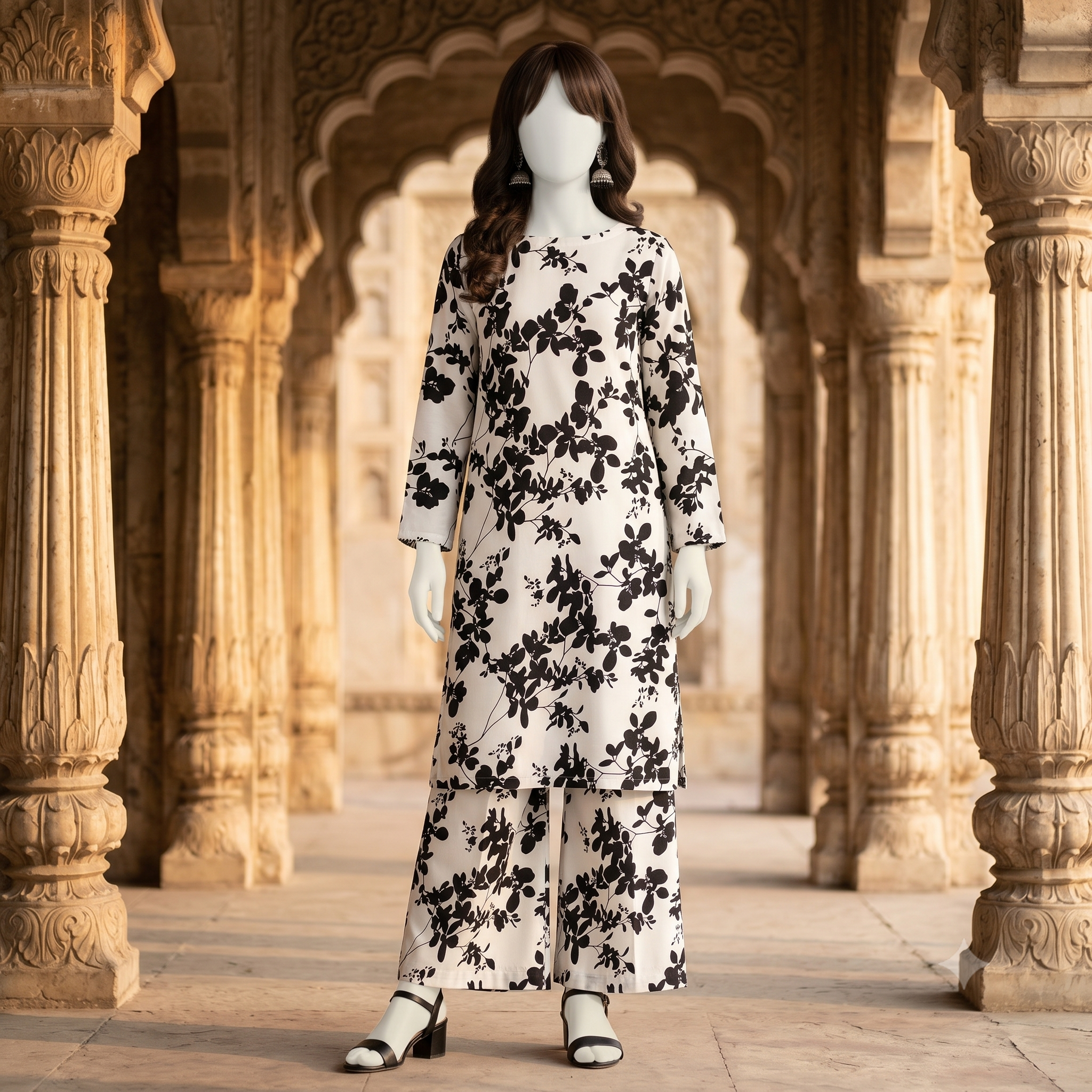 Premium 2-piece unstitched cotton silk suit featuring bold black floral print on cream base - zh2 store