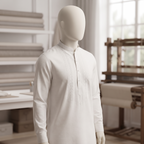 : Close-up studio angle of the off-white men's kurta highlighting the collar and embroidery design by ZH2 Store.