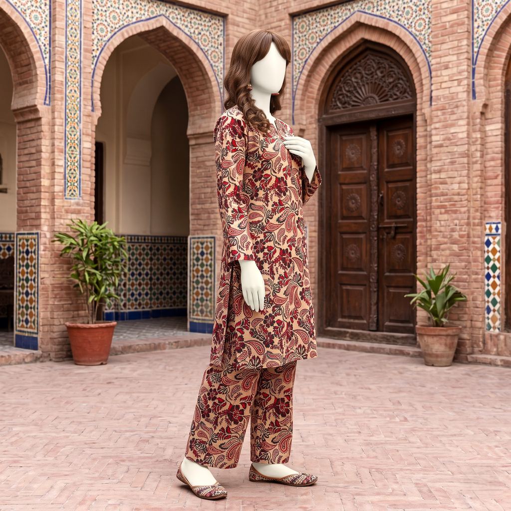 Side view of the red and black unstitched lawn suit, showcasing the intricate patterns from ZH2 Store.